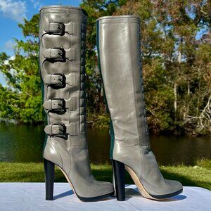 NIB Reed Krakoff Dark Gray Leather Motorcycle Boot Buckle Accents Teal Stripe 7